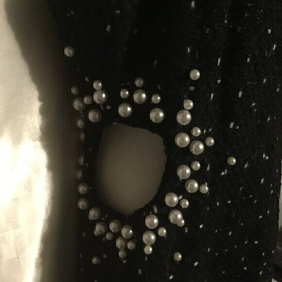 Black Texture Tweed  Weave Cutout Mini Dress With Faux Pearls L - Picture 14 of 16